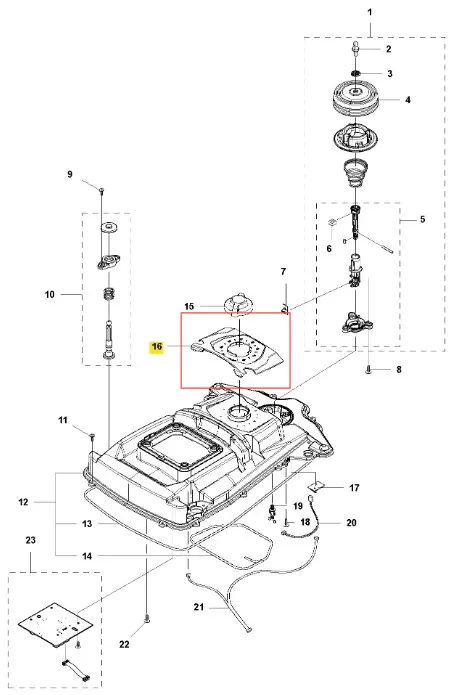 Płyta robota koszącego AUTOMOWER 315X Husqvarna, kwadratowa z centralnym logo, wykonana z tworzywa sztucznego, pokazana z boku podczas montażu na białym tle.