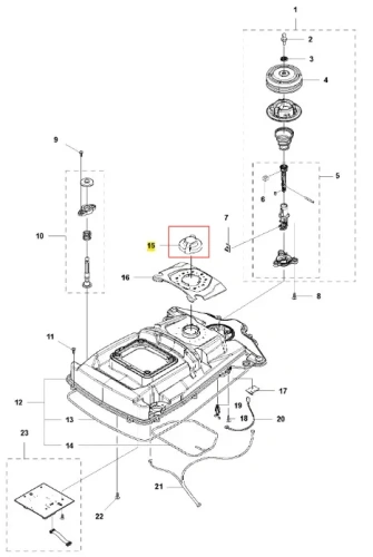 Szare, okrągłe pokrętło robota Husqvarna AUTOMOWER 315X, widok z góry na montaż nr 15, z wyraźnymi detalami i mocowaniami, na tle schematu robota.