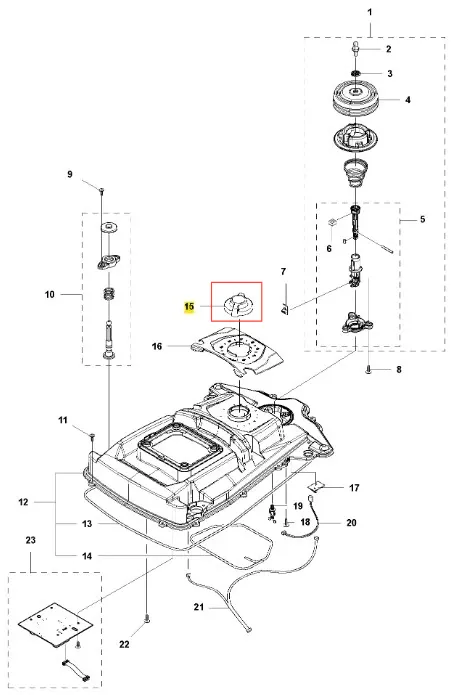 Szare, okrągłe pokrętło robota Husqvarna AUTOMOWER 315X, widok z góry na montaż nr 15, z wyraźnymi detalami i mocowaniami, na tle schematu robota.