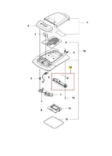 Wspornik robota koszącego AUTOMOWER 315X Husqvarna w zaznaczonym prostokącie. Element metalowy, prostokątny, z elementami mocującymi. Widoczny w przekroju z numerami części, uporządkowany na białym tle z czytelnymi oznaczeniami.