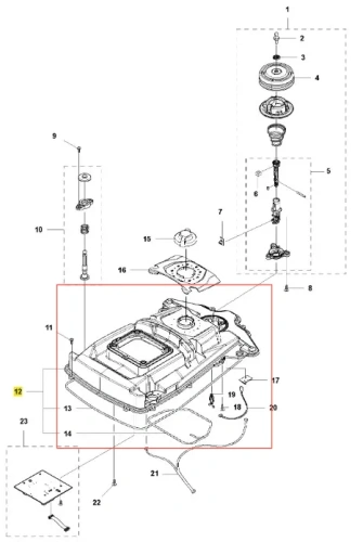 Szara obudowa robota koszącego AUTOMOWER 315X Husqvarna z czarnymi elementami, widok z góry na otwartą konstrukcję ze slotami, złączami i kablami na białym tle, z widocznymi detalami technicznymi.