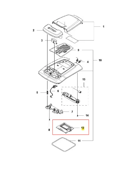 Układ scalony robota koszącego AUTOMOWER 315X Husqvarna w układzie eksplodowanym z numerami części. Widoczna obudowa (oznaczenie 12), mocowania i złącza na białym tle.