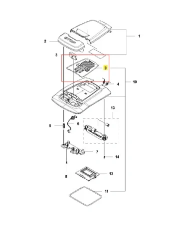 Szkic techniczny klawiatury robota koszącego AUTOMOWER 315X Husqvarna z numeracją części, górną pokrywą z wycięciem i rozmieszczeniem przewodów oraz mocowań na białym tle.