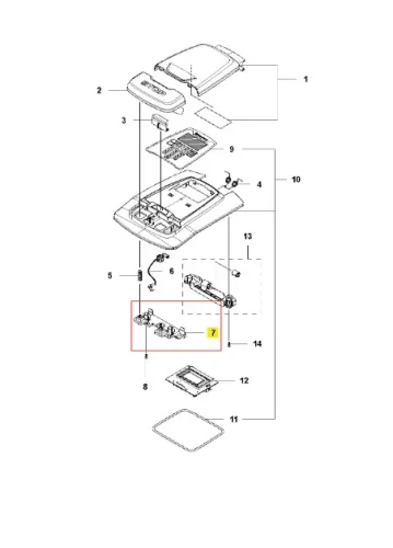 Metalowa podpórka do robota kosiarki AUTOMOWER 315X Husqvarna, szara, widok z góry na białym tle. Widoczne detale montażowe, oznaczenie nr 7, elementy mechaniczne i otwory do mocowania. Bez akcesoriów.