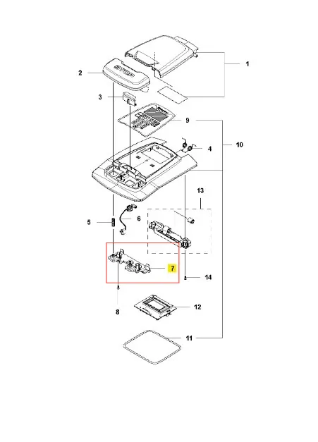 Metalowa podpórka do robota kosiarki AUTOMOWER 315X Husqvarna, szara, widok z góry na białym tle. Widoczne detale montażowe, oznaczenie nr 7, elementy mechaniczne i otwory do mocowania. Bez akcesoriów.