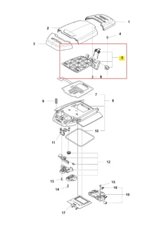 Czarna klapka do robota koszącego AUTOMOWER 450X Husqvarna z tworzywa sztucznego z zamkiem, widok z góry pokazujący mocowanie i kształt. Element uzupełniający system koszenia.