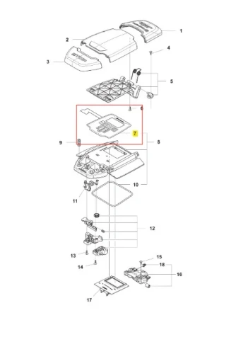 Klawiatura robota koszącego AUTOMOWER 450X Husqvarna z widokiem technicznym, fragmenty z numerami części i ich rozmieszczeniem w kolorach czarnym i szarym. Anotacje i ikony ułatwiają montaż.