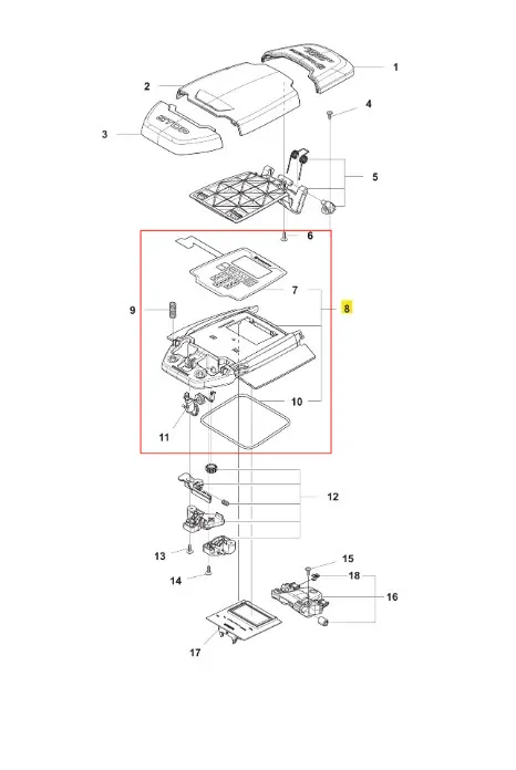 Osłona robota koszącego AUTOMOWER 450X Husqvarna, w kolorze szarym, z widocznymi detalami, takimi jak otwory i mocowania. Prezentowana w widoku z góry, ukazując charakterystyczny kształt i wbudowany system wentylacji. Tło białe, minimalistyczne.