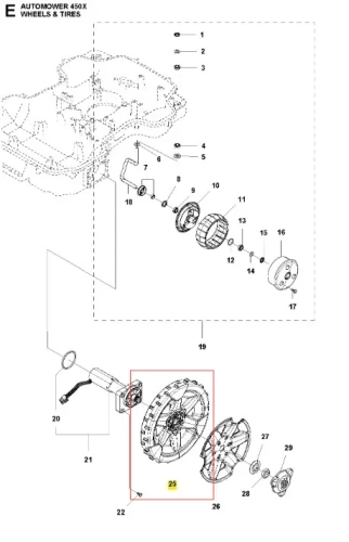 Koło robota koszącego AUTOMOWER 450X Husqvarna, szare z czarnymi detalami, z bieżnikiem i nowym mocowaniem, widok z boku.