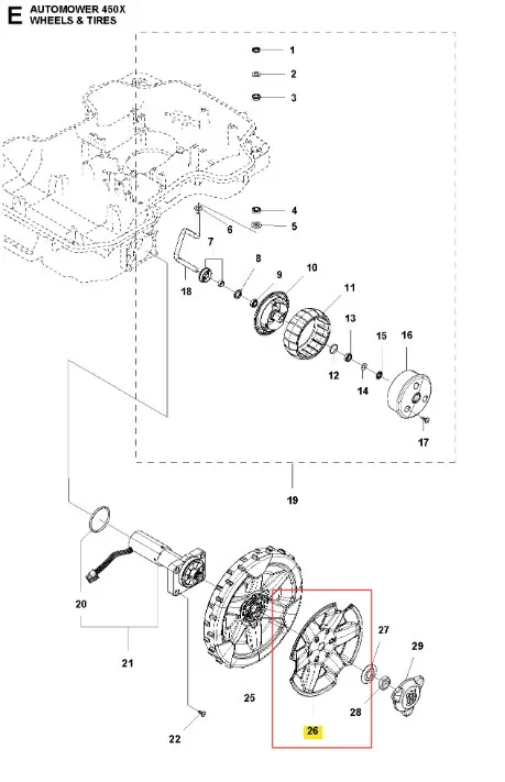 Kołpak robota koszącego AUTOMOWER 450X Husqvarna w kolorze szarym, zębaty, wykonany z tworzywa sztucznego. Ujęcie frontowe, ukazujące detale mocowania. Widoczne logo Husqvarna oraz numer katalogowy. Produkt montowany w robocie koszącym.
