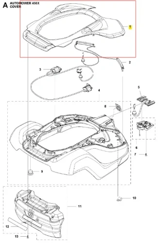 Szara obudowa 450X robota koszącego Husqvarna AUTOMOWER 450X, widok z góry. Tworzywo sztuczne, opływowy kształt, uchwyty montażowe, logo Husqvarna, otwory na złącza, białe tło.