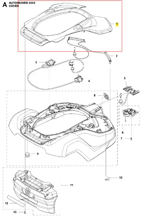 Szara obudowa 450X robota koszącego Husqvarna AUTOMOWER 450X, widok z góry. Tworzywo sztuczne, opływowy kształt, uchwyty montażowe, logo Husqvarna, otwory na złącza, białe tło.