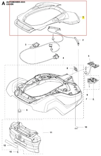 Obudowa 450xh w kolorze białym dla robota koszącego AUTOMOWER 450X Husqvarna. Widok z góry, ukazuje ułożenie, otwór na narzędzie oraz elementy mocujące. Zawiera logo i różne detale konstrukcyjne. Produkt nowy, bez dodatkowego kontekstu.