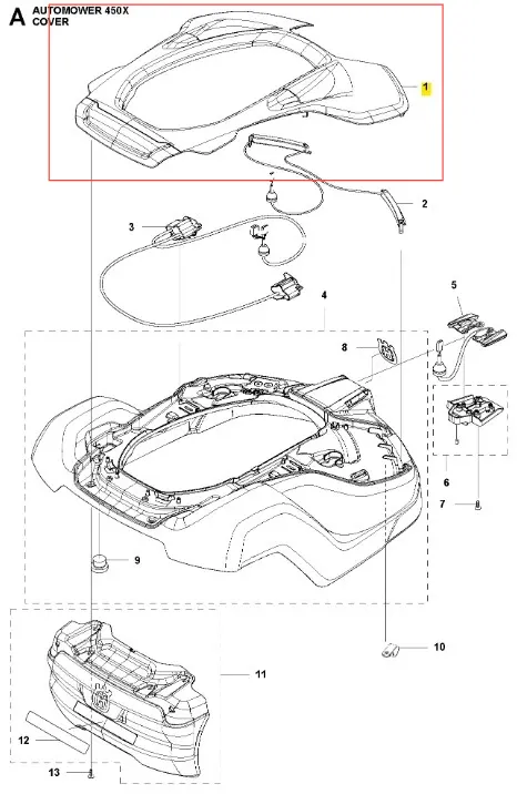 Obudowa 450xh w kolorze białym dla robota koszącego AUTOMOWER 450X Husqvarna. Widok z góry, ukazuje ułożenie, otwór na narzędzie oraz elementy mocujące. Zawiera logo i różne detale konstrukcyjne. Produkt nowy, bez dodatkowego kontekstu.