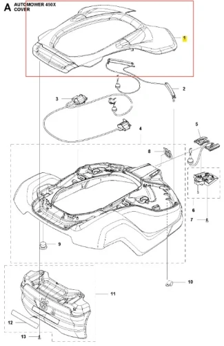 Pomarańczowa obudowa Husqvarna AUTOMOWER 450X o aerodynamicznym kształcie, widok z góry z detalami mocowań na białym tle dla łatwej identyfikacji produktu.