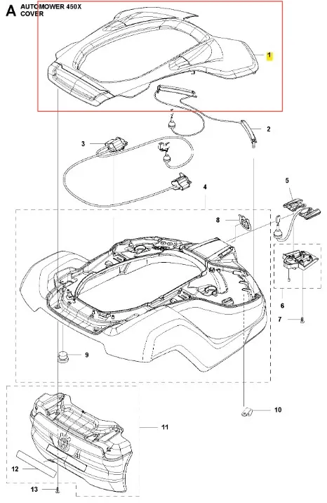 Pomarańczowa obudowa Husqvarna AUTOMOWER 450X o aerodynamicznym kształcie, widok z góry z detalami mocowań na białym tle dla łatwej identyfikacji produktu.