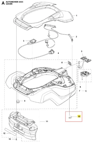 Wspornik robota koszącego AUTOMOWER 450X Husqvarna w kolorze czarnym. Zbliżenie na górny panel z widocznymi elementami mocującymi oraz logo. Produkt przedstawiony z góry, w szczegółowym układzie, w kontekście zestawu z innymi komponentami.