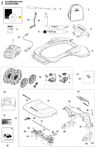 Płyta DVD z instrukcją do robota koszącego Husqvarna AUTOMOWER 450X. Obok opis widocznych akcesoriów, takich jak ładowarka i ramka montażowa. Obraz pokazuje szczegóły oraz numerowane elementy, co ułatwia orientację w zestawie.