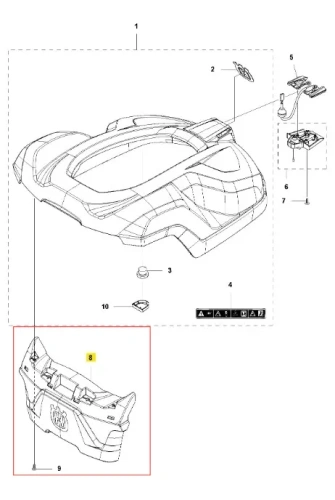 Czarny zderzak do robota koszącego Husqvarna AUTOMOWER 440 z szarymi elementami, aerodynamiczny, z logo i detalami mocowania, wykonany z tworzywa sztucznego, dedykowany do montażu na urządzeniu.