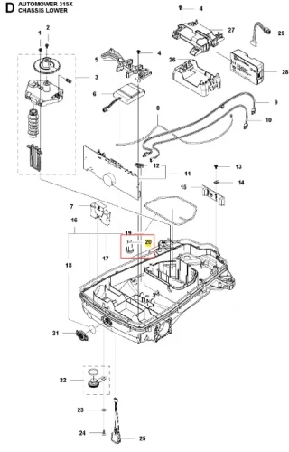 Schemat dolnej części robota koszącego AUTOMOWER 315X Husqvarna. Widok z góry na montaż, zawiera uchwyty, śruby, elementy elektroniczne oraz akcesoria. Kolorystyka szaro-czarna, zauważalne szczegóły techniczne i numery części w opisach.