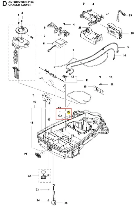 Schemat dolnej części robota koszącego AUTOMOWER 315X Husqvarna. Widok z góry na montaż, zawiera uchwyty, śruby, elementy elektroniczne oraz akcesoria. Kolorystyka szaro-czarna, zauważalne szczegóły techniczne i numery części w opisach.