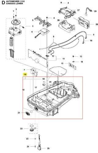 Obudowa dolna robota Husqvarna AUTOMOWER 315X, czarna, z tworzywa, z widocznymi otworami montażowymi i wnętrzem dopasowanym do podzespołów. Zbliżenie detali mocowania na jasnym tle.