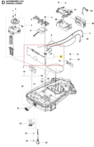 Płytka dolna do robota AUTOMOWER 315X Husqvarna, szara plastikowa, z okrągłym wycięciem i mocowaniami, widoczna od dołu, z numerami katalogowymi na schemacie. Idealna do wymiany.
