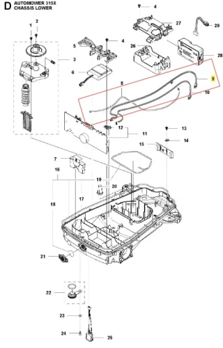 Linka robota koszącego AUTOMOWER 315X Husqvarna, elastyczna, cieniowana, w kolorsystemie neutralnym. Widoczna z kształtem długiego przewodu, w ujęciu z góry, w kontekście detali zestawu. W tle elementy montażowe i obudowa robota.