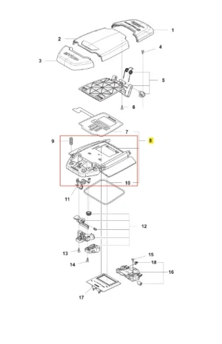 Osłona robota koszącego AUTOMOWER 440 Husqvarna, widoczna z góry, jasnoszara z czarnymi detalami. Widać mocowania, połączenia i otwory montażowe na białym tle.