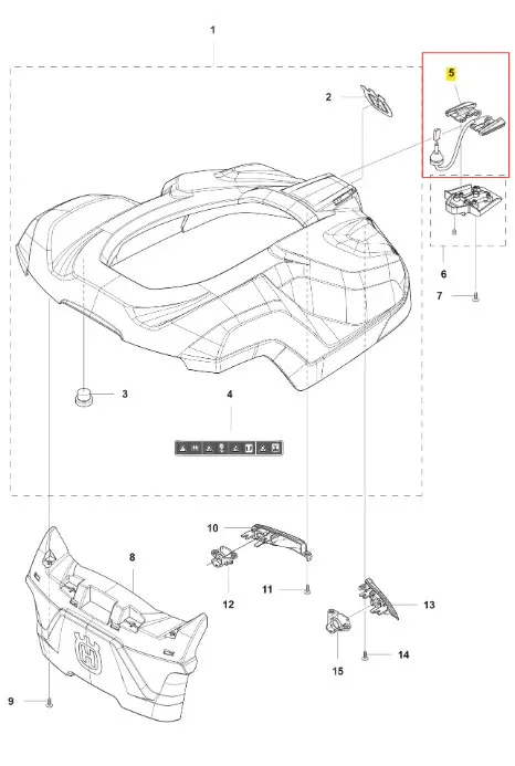 Montażowa część instalacji elektrycznej robota koszącego AUTOMOWER 430X Husqvarna. Widoczny z góry na białym tle, z wyraźnymi detalami, takimi jak otwory montażowe i logo Husqvarna. Elementy rozłożone, gotowe do złożenia.