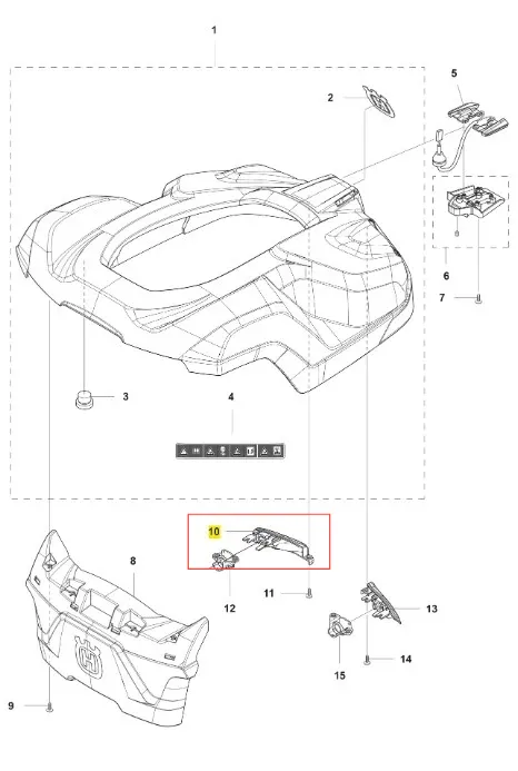 Wkład robota koszącego AUTOMOWER 430X Husqvarna w białym konturze z detalami i oznaczeniem nr 10, na środku zdjęcia. Zestaw akcesoriów do montażu elementu.