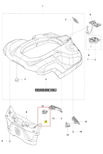Uchwyt robota koszącego AUTOMOWER 430X Husqvarna w ciemnoszarym kolorze, aerodynamiczny, z widocznym otworem montażowym, logo Husqvarna i czarnymi elementami mocującymi na białym tle.