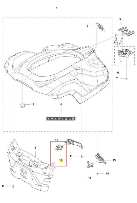 Uchwyt robota koszącego AUTOMOWER 430X Husqvarna w ciemnoszarym kolorze, aerodynamiczny, z widocznym otworem montażowym, logo Husqvarna i czarnymi elementami mocującymi na białym tle.