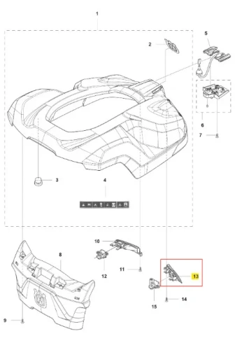 Wkład do robota koszącego Husqvarna AUTOMOWER 430X. Element w kształcie opływowym, w kolorze szarym, z widocznymi detalami i napisami. Rysunek techniczny, zawiera numer części oraz opis montażu, ukazany w ujęciu z góry.