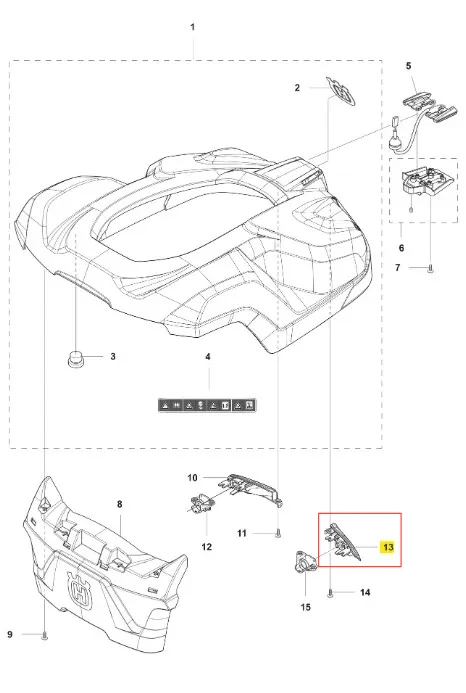 Wkład do robota koszącego Husqvarna AUTOMOWER 430X. Element w kształcie opływowym, w kolorze szarym, z widocznymi detalami i napisami. Rysunek techniczny, zawiera numer części oraz opis montażu, ukazany w ujęciu z góry.