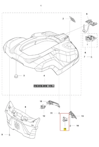 Czarny uchwyt robota koszącego Husqvarna AUTOMOWER 430X, stojący, z logo i detalami mocowania, na jednolitym tle, z zestawem części do montażu z numeracją.