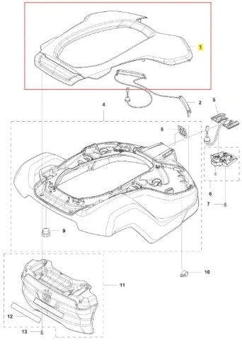 Szara, prostokątna obudowa robota koszącego AUTOMOWER 430X Husqvarna z zaokrąglonymi krawędziami, otworem na górę, elementami mocującymi i szczeliną na przewód.