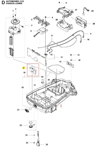 Obciążnik cylindryczny do robota koszącego Husqvarna AUTOMOWER 315X, metalowy szary element na dolnym chassis, z oznaczeniem. Na białym tle widać mocowania i części elektroniczne.
