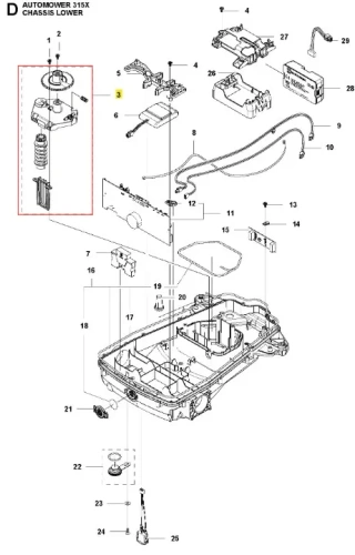 Regulator robota koszącego AUTOMOWER 315X Husqvarna, z metalową obudową, gumowymi elementami, przyciskami i złączami, opisany numerami, na białym tle.