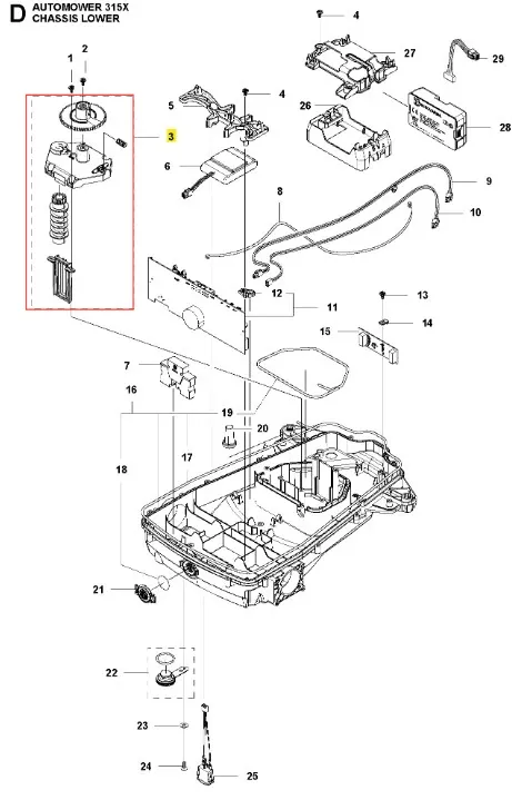 Regulator robota koszącego AUTOMOWER 315X Husqvarna, z metalową obudową, gumowymi elementami, przyciskami i złączami, opisany numerami, na białym tle.