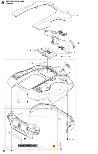 Zderzak robota koszącego AUTOMOWER 315X Husqvarna, widoczny z boku. Część plastikowa w kolorze ciemnoszarym, z wytłoczonym logo Husqvarna. Zawiera otwory na mocowania oraz oznaczenia użytkowe. Idealny do wymiany w robocie koszącym.