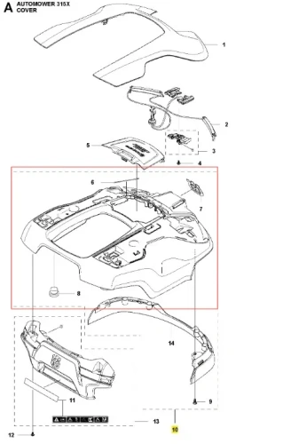 Zestaw obudowy robota koszącego Husqvarna AUTOMOWER 315X, widok z góry z szarą główną obudową, elementami montażowymi i pokrywami w komplecie.