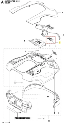 Uchwyt z magnesem do robota koszącego AUTOMOWER 315X Husqvarna, widok z góry, czarno-szary, owalny kształt, elementy montażowe i oznaczenia ułatwiające identyfikację.