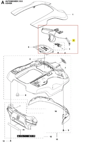 Schemat instalacji elektrycznej robota Husqvarna AUTOMOWER 315X z czarną tylną pokrywą i zestawem części montażowych. Widoczne gniazda i mocowania, elementy do wymiany lub naprawy.