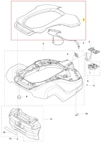 Obudowa 430X biała robota koszącego AUTOMOWER 430X Husqvarna, widok z góry, leżąca. Wykonana z tworzywa sztucznego, posiada zaokrąglone krawędzie i centralne wycięcie. Widoczne miejsca mocowania oraz gniazdo zasilania. Tło jednolite.