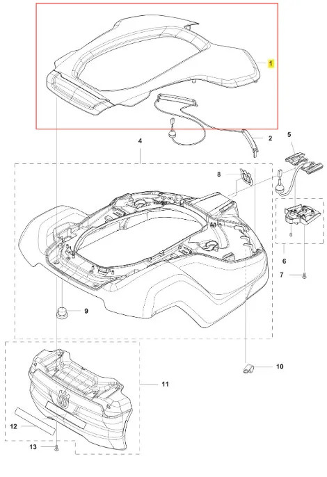 Obudowa 430X biała robota koszącego AUTOMOWER 430X Husqvarna, widok z góry, leżąca. Wykonana z tworzywa sztucznego, posiada zaokrąglone krawędzie i centralne wycięcie. Widoczne miejsca mocowania oraz gniazdo zasilania. Tło jednolite.