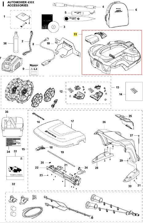Obudowa 330x biała dla robota koszącego AUTOMOWER 430X Husqvarna, prezentująca gładką, matową powierzchnię. Widok z boku, ukazujący kształt i detale konstrukcji. Logo Husqvarna jest wyraźnie widoczne, co potwierdza autentyczność produktu.