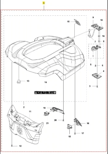 Obudowa robota koszącego Automower 330 X Husqvarna w kolorze czarnym, z gładką fakturą. Widok z góry, z widocznymi elementami mocującymi. Logo Husqvarna umieszczone na tylnej części. Produkt rozłożony, ukazujący detale i oznaczenia montażowe.
