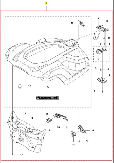 Obudowa robota koszącego Automower 330 X Husqvarna w kolorze czarnym, z gładką fakturą. Widok z góry, z widocznymi elementami mocującymi. Logo Husqvarna umieszczone na tylnej części. Produkt rozłożony, ukazujący detale i oznaczenia montażowe.
