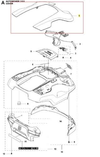 Biała obudowa robota koszącego Husqvarna AUTOMOWER 315X z aerodynamicznym kształtem, widok z góry, otwarte elementy montażowe, szczeliny, przyciski i wyraźne logo Husqvarna na prostym tle.
